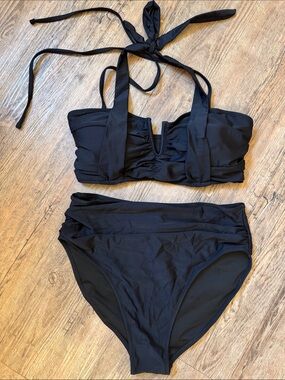 Black High-Waist Bandeau Bikini Set with Halter Tie
